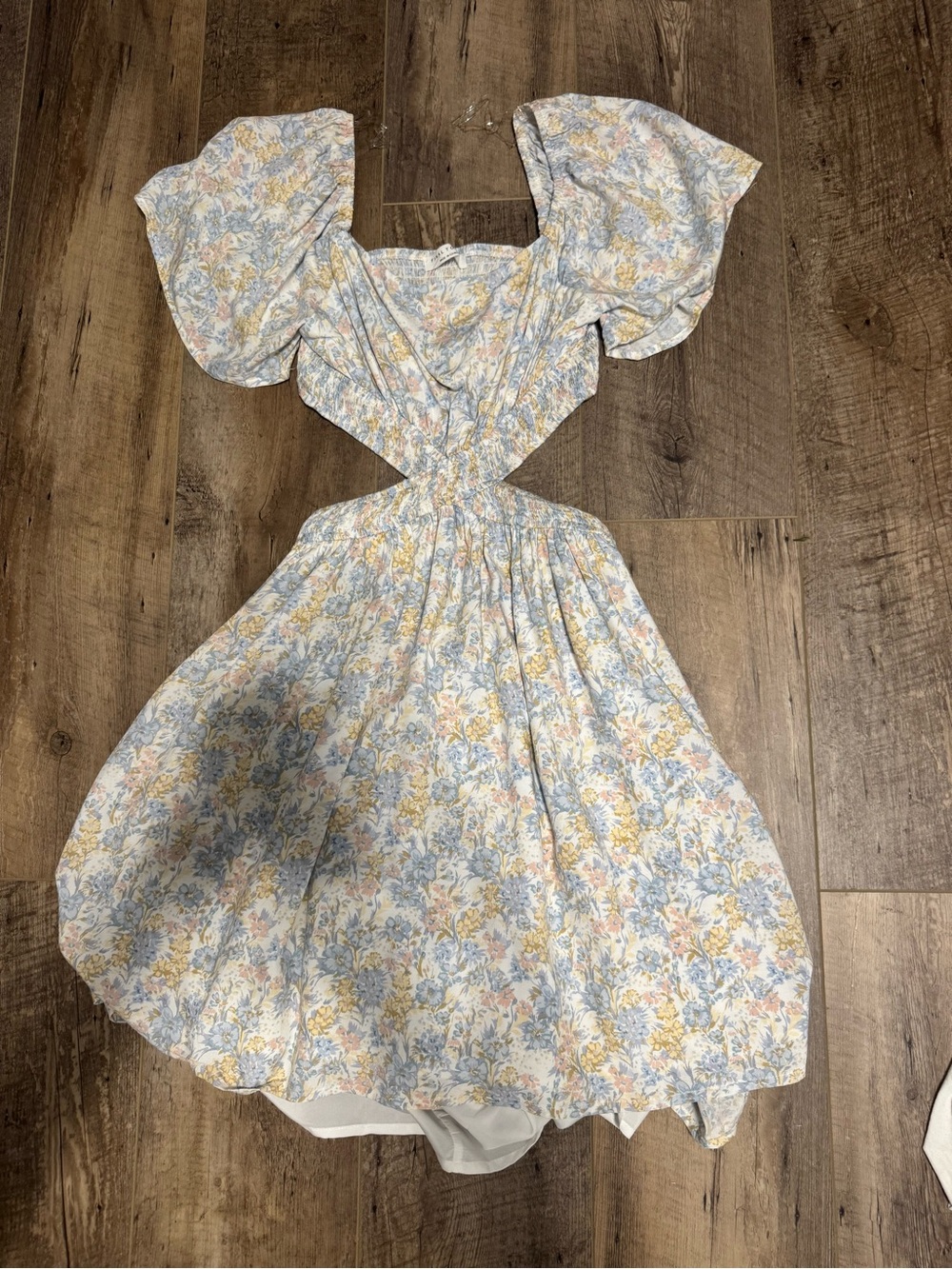 Floral Puff-Sleeve Mini Dress in Pastel Blue and Yellow